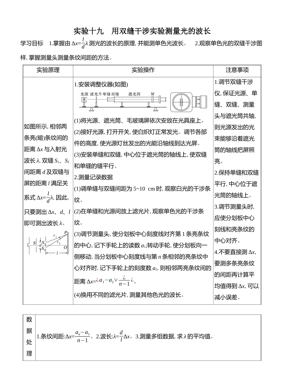 2026版创新设计高考总复习物理(人教基础版)教师用-实验十九　用双缝干涉实验测量光的波长.docx_第1页