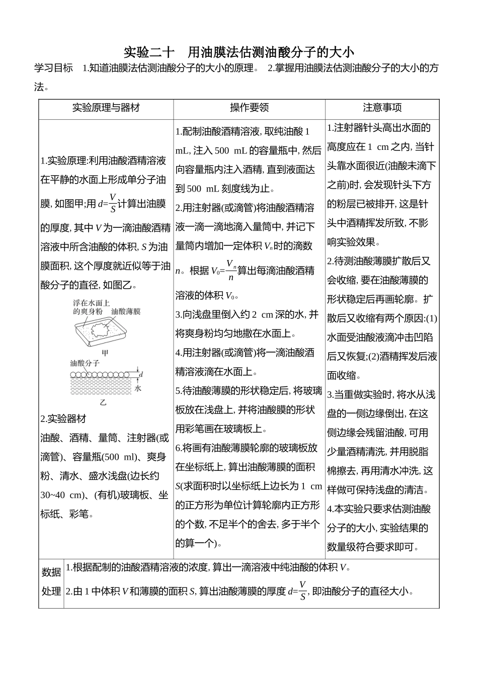 2026版创新设计高考总复习物理(人教基础版)学生用-实验二十    用油膜法估测油酸分子的大小.docx_第1页
