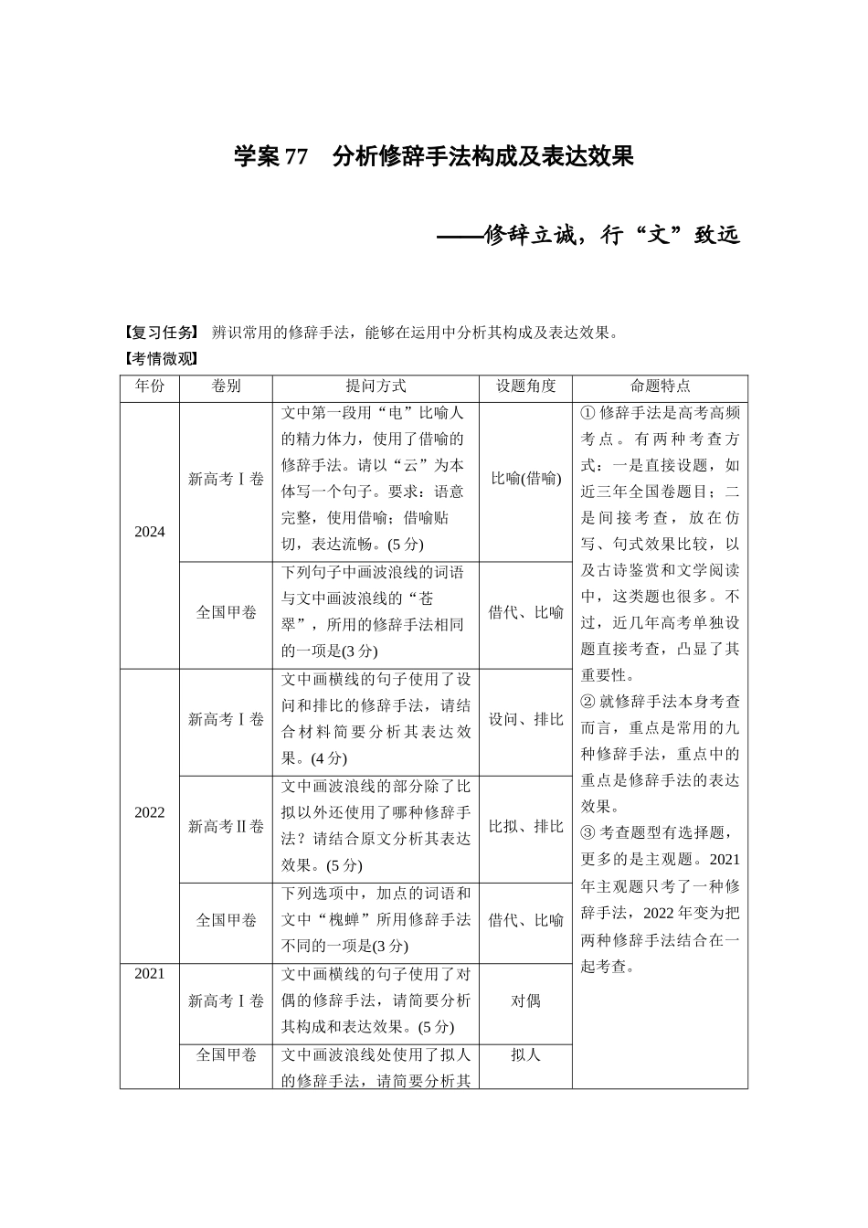 2026版创新设计高考总复习语文部编版大一轮复习讲义-板块八　学案77　分析修辞手法构成及表达效果——修辞立诚，行“文”致远.docx_第1页