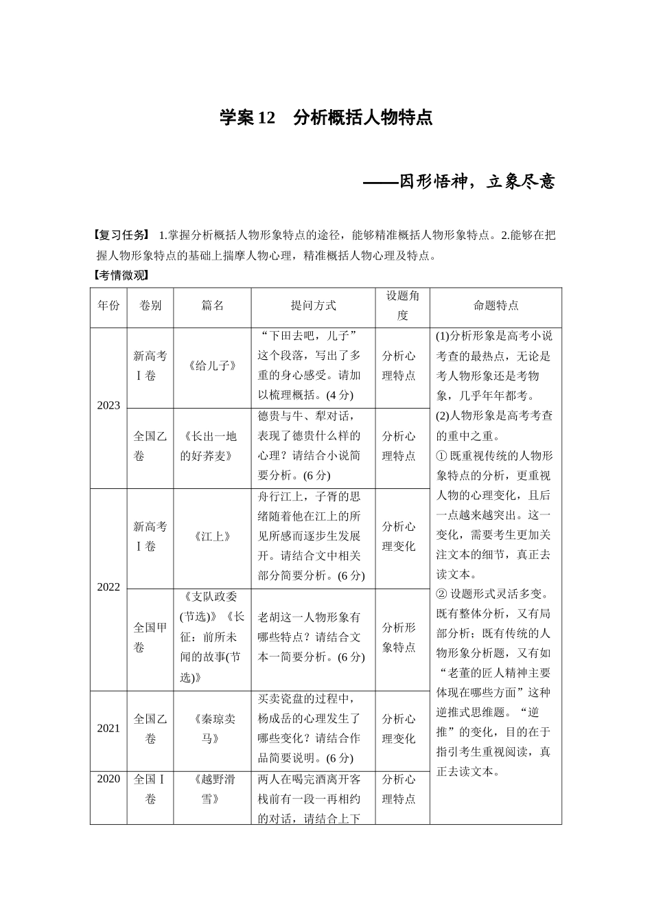 2026版创新设计高考总复习语文部编版大一轮复习讲义-板块二　学案12　分析概括人物特点——因形悟神，立象尽意.docx_第1页