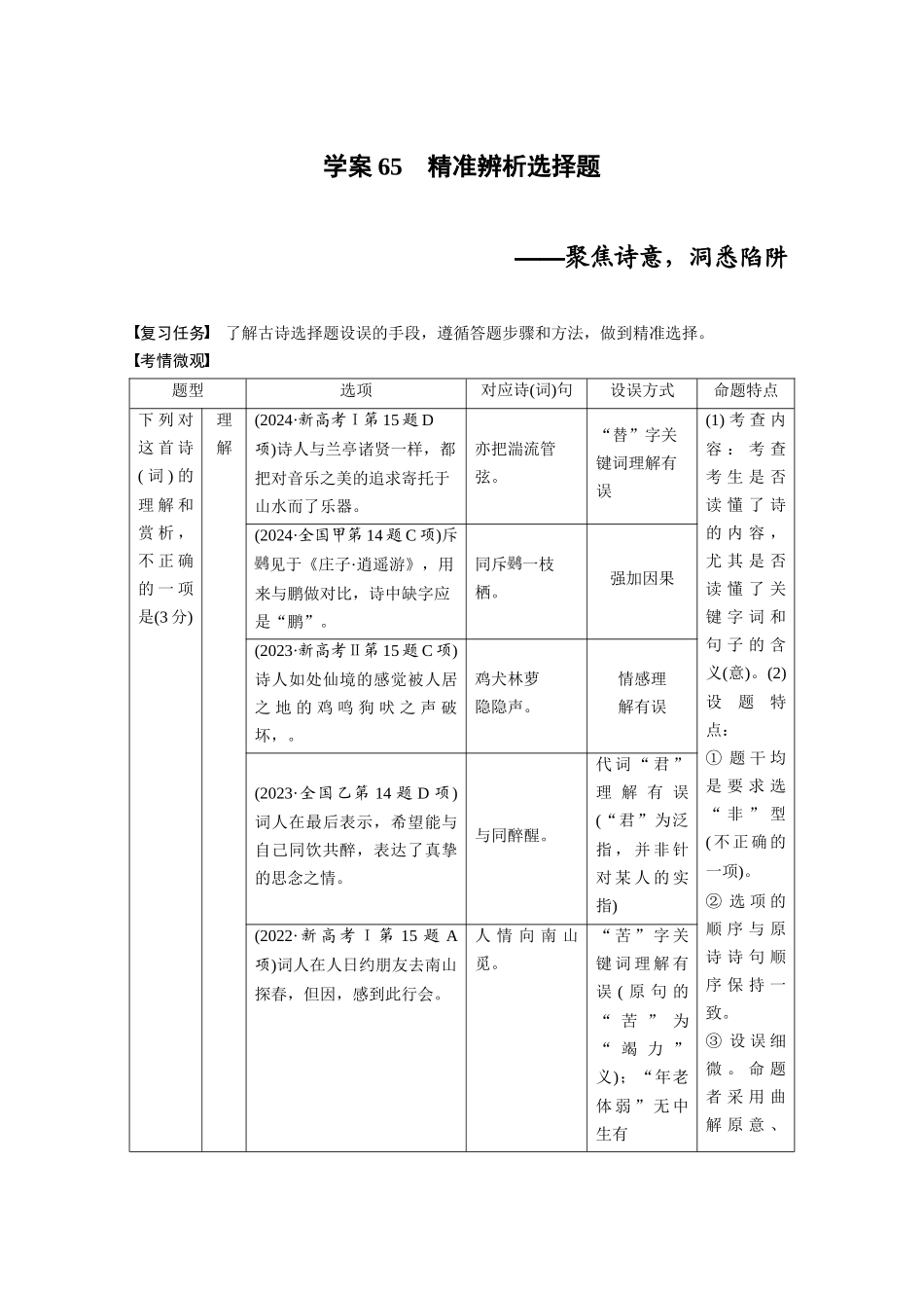 2026版创新设计高考总复习语文部编版大一轮复习讲义-板块六　学案65　精准辨析选择题——聚焦诗意，洞悉陷阱.docx_第1页