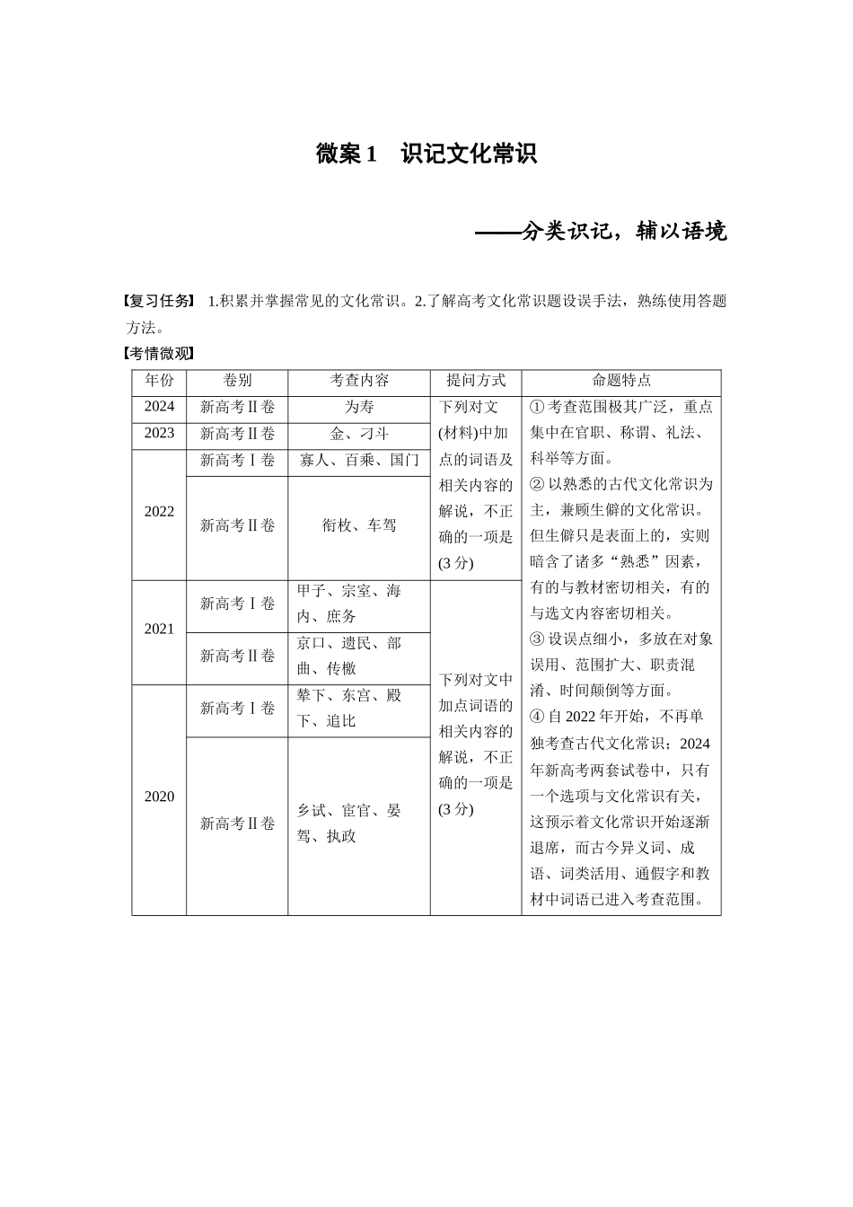 2026版创新设计高考总复习语文部编版大一轮复习讲义-板块五　微案1　识记文化常识——分类识记，辅以语境.docx_第1页