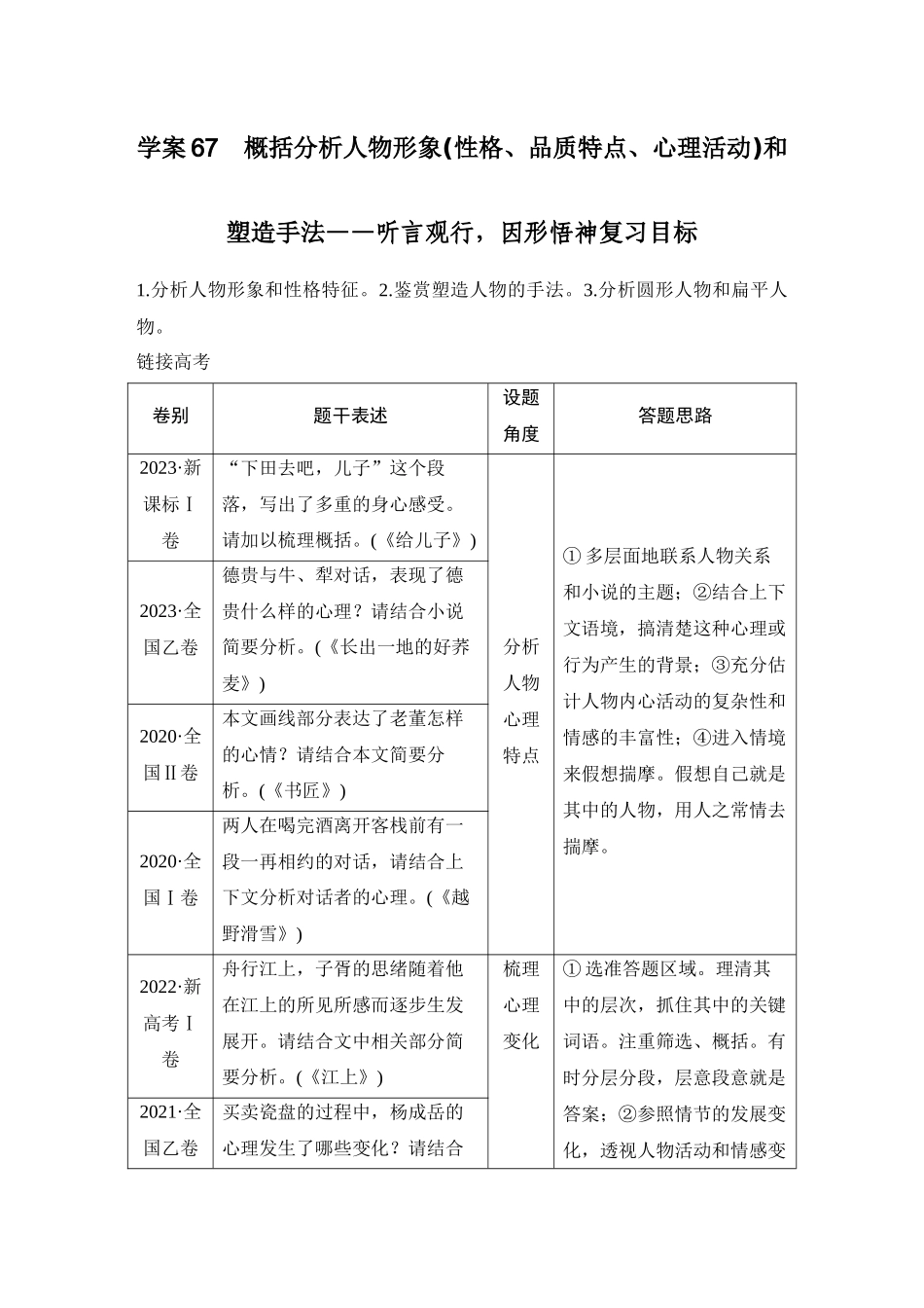 2026版创新设计高考总复习语文部编版学生用-学案67　概括分析人物形象(性格、品质特点、心理活动)和塑造手法——听言观行，因形悟神.docx_第1页