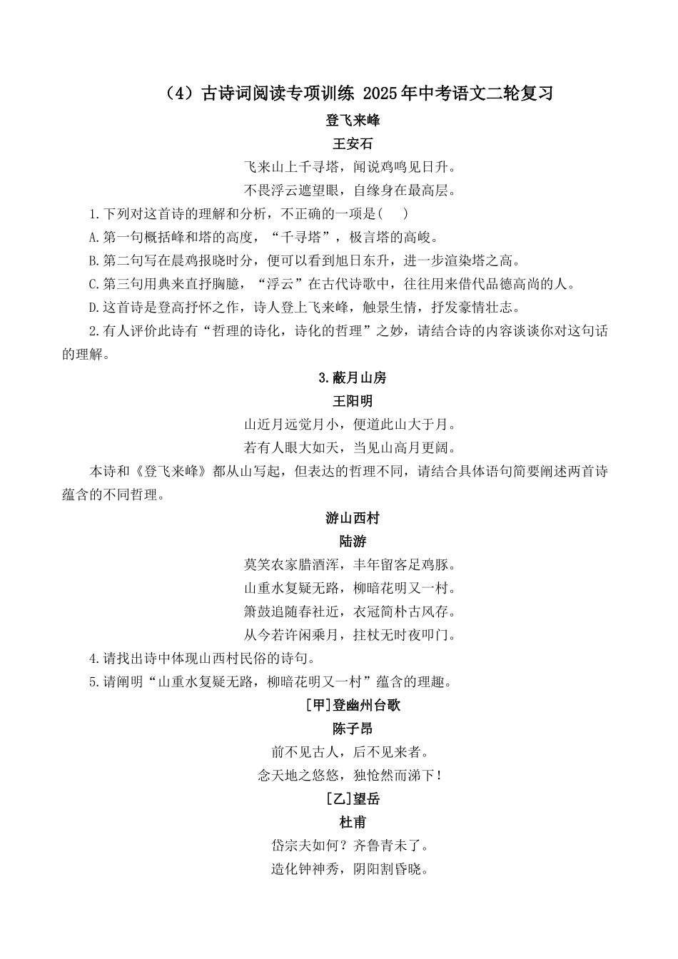 （4）古诗词阅读专项训练 2025年中考语文二轮复习（含解析）(1).docx_第1页