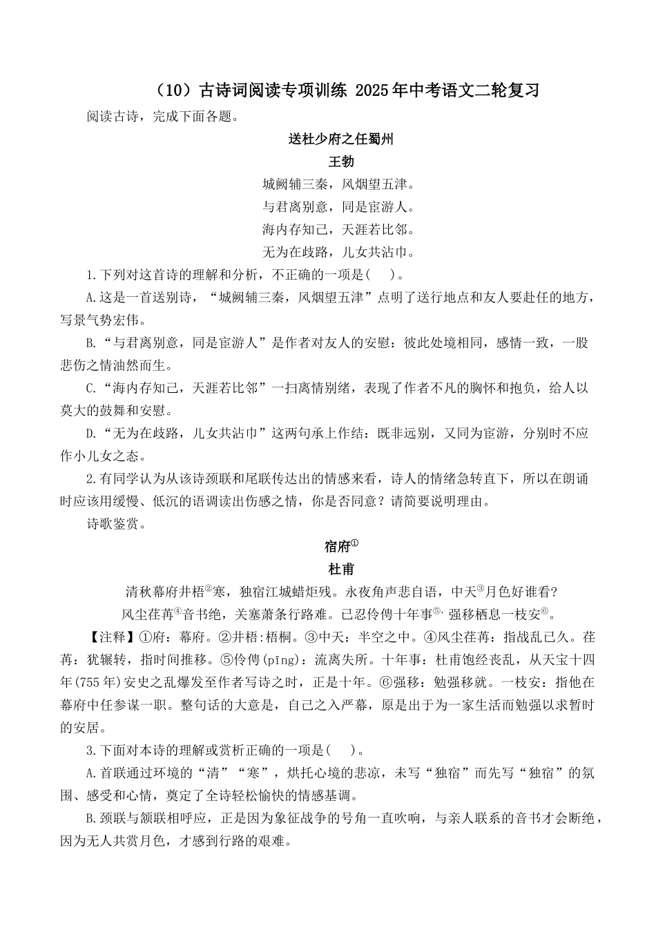 （10）古诗词阅读专项训练 2025年中考语文二轮复习（含解析）(1).docx_第1页