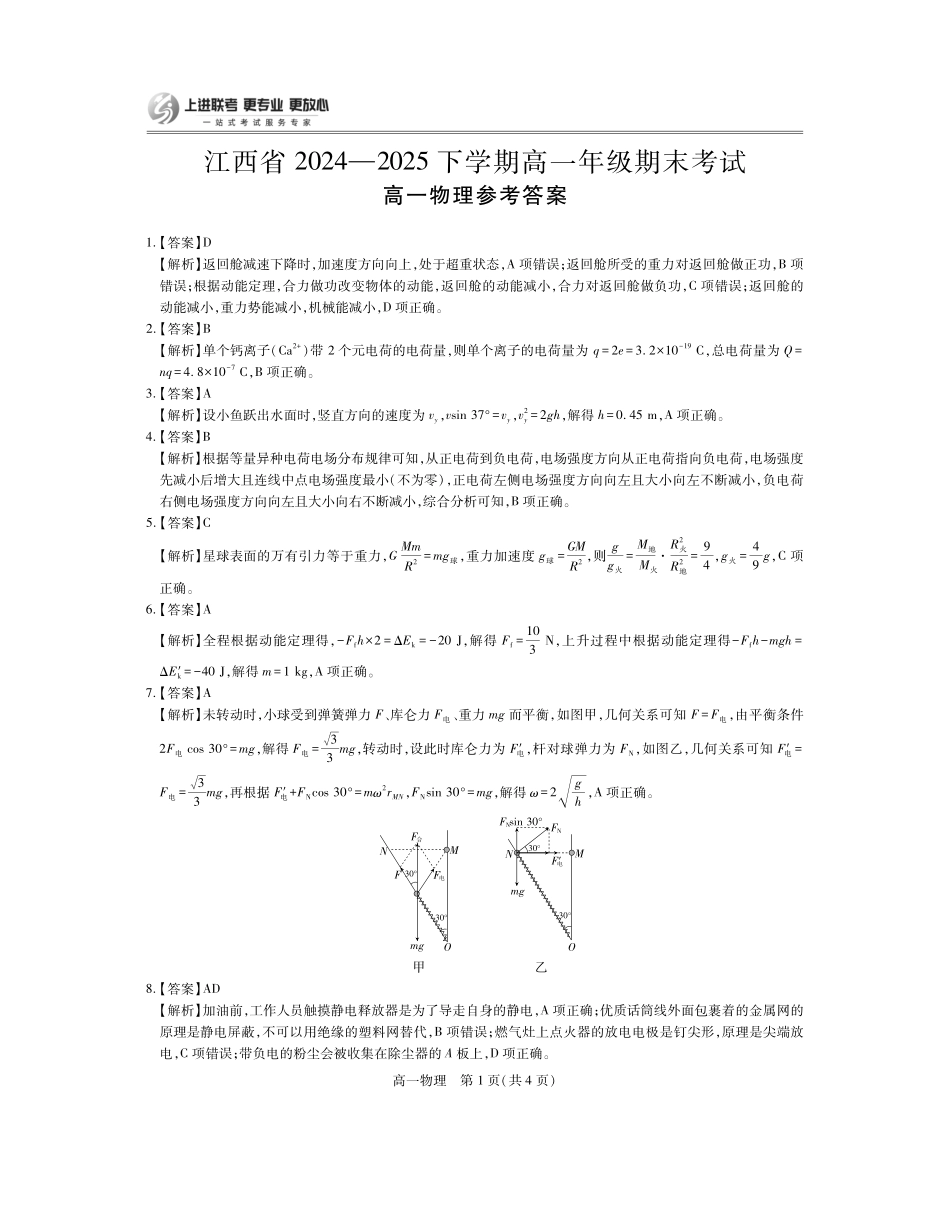 【物理答案】江西省上进联考2024-2025学年高一下学期期末考试.pdf_第1页