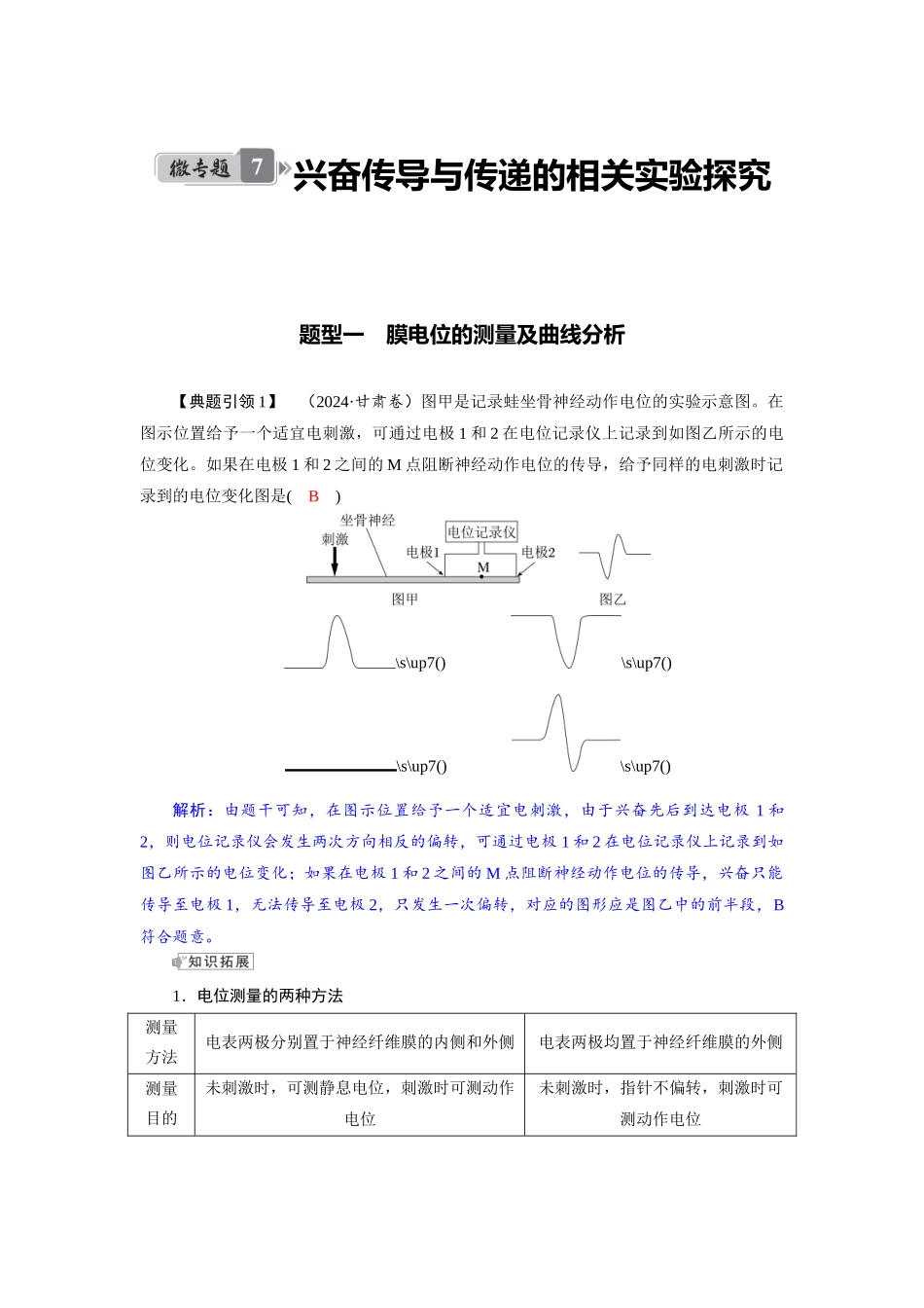 2026版红对勾一轮复习讲与练高考生物模板三   第八单元   微专题7     兴奋传导与传递的相关实验探究.docx_第1页