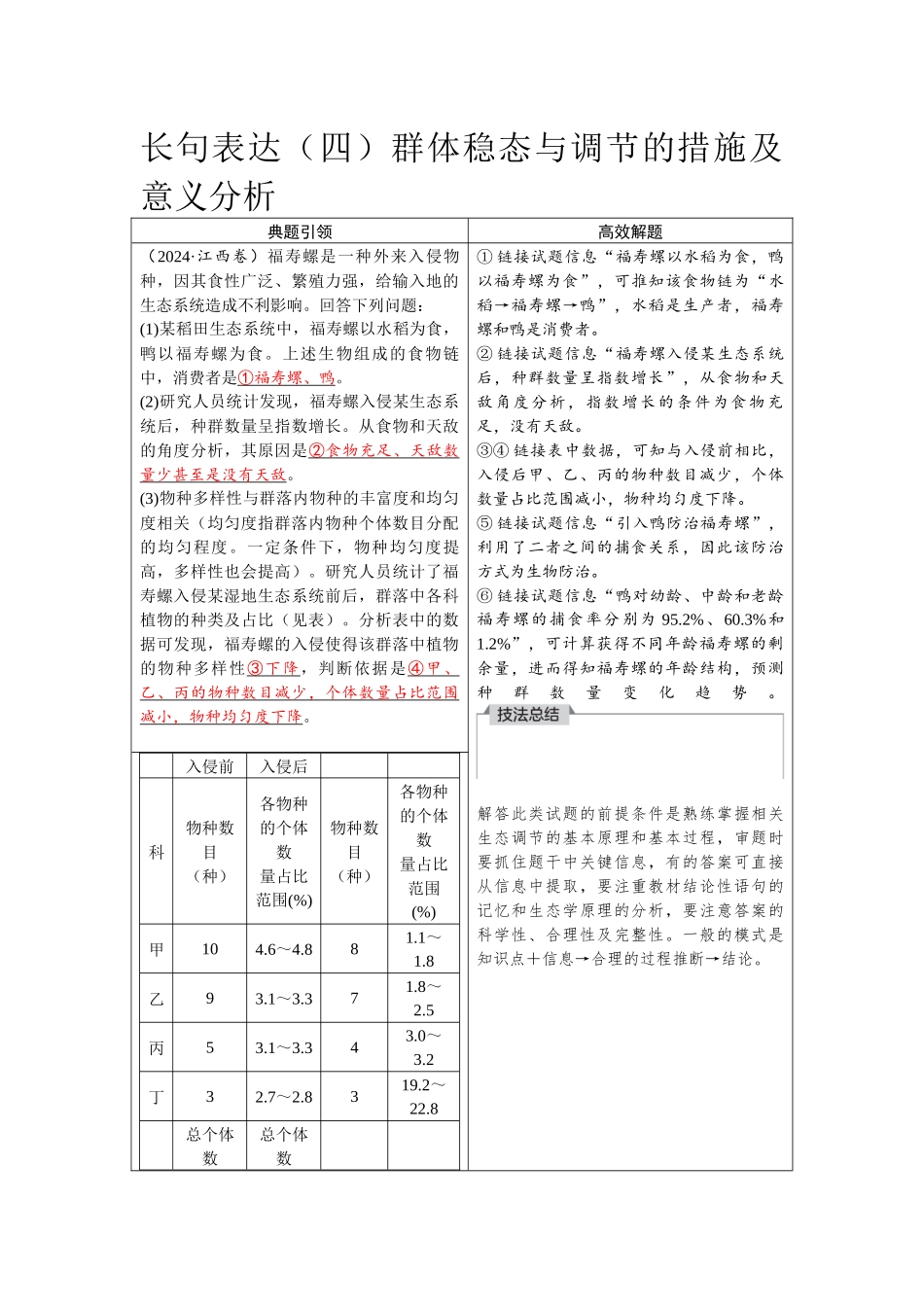 2026版红对勾一轮复习讲与练高考生物模块四　第九单元　长句表达（四）　群体稳态与调节的措施及意义分析.docx_第1页