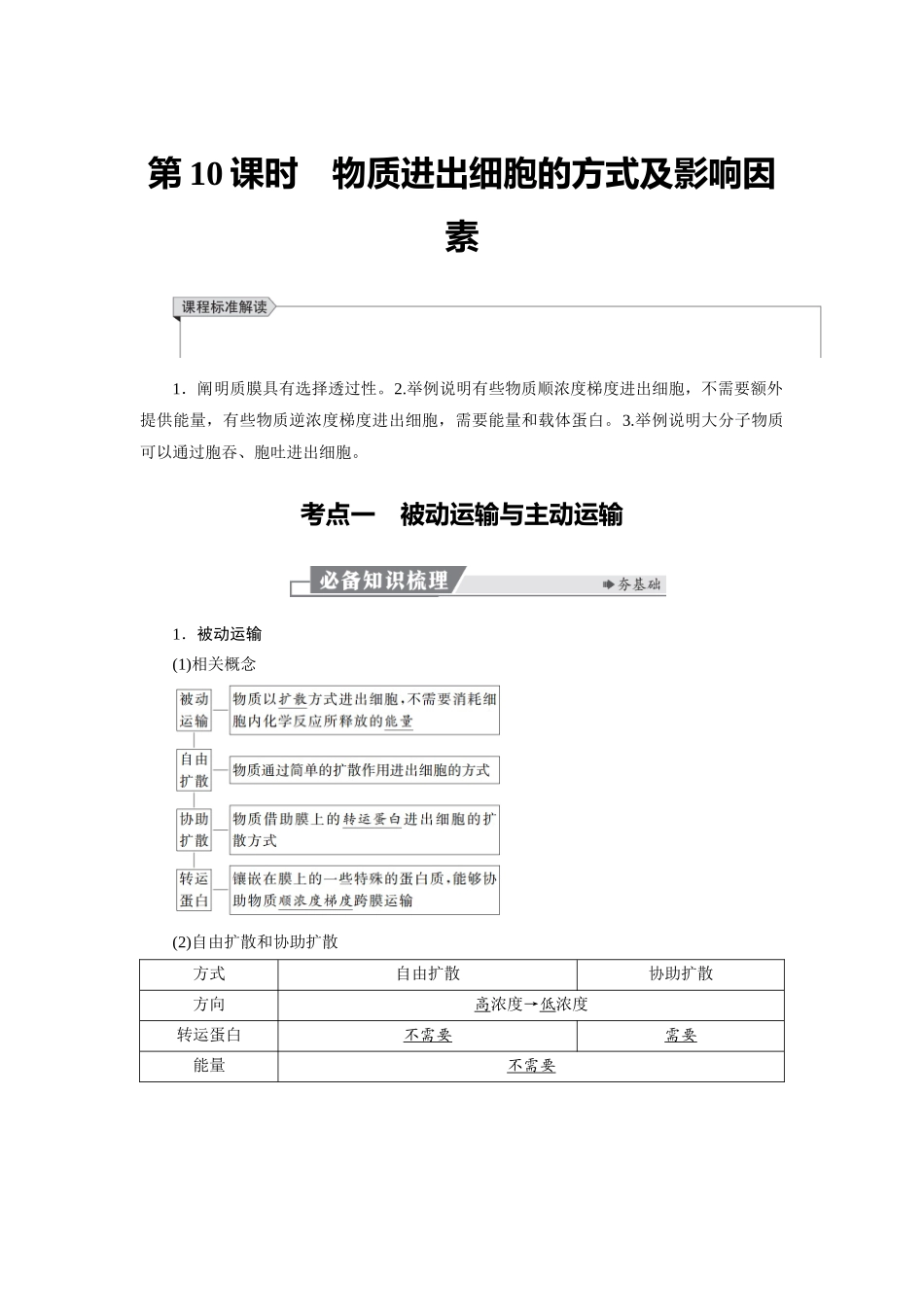 2026版红对勾一轮复习讲与练高考生物模块一　第二单元　第10课时　物质进出细胞的方式及影响因素.docx_第1页
