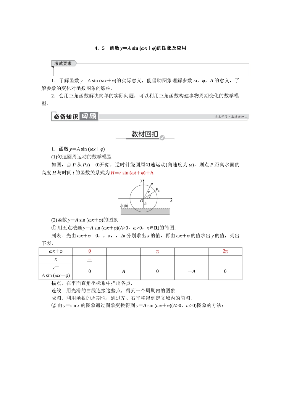 2026版红对勾一轮复习讲与练高考数学第四章　4．5　函数y＝A sin (ωx＋φ)的图象及应用.docx_第1页
