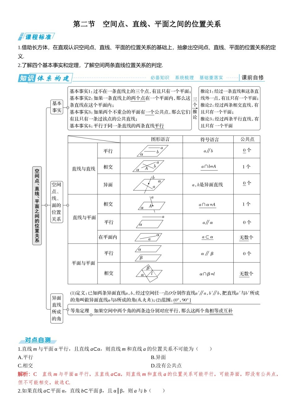2026版三维设计一轮高中总复习数学题库-第二节　空间点、直线、平面之间的位置关系.docx_第1页