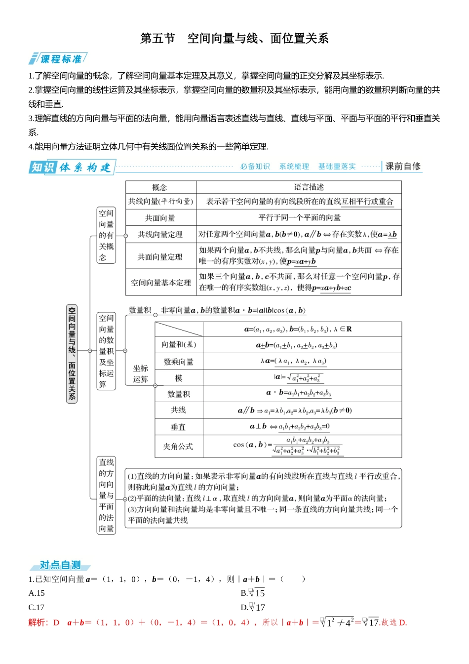 2026版三维设计一轮高中总复习数学题库-第五节　空间向量与线、面位置关系.docx_第1页