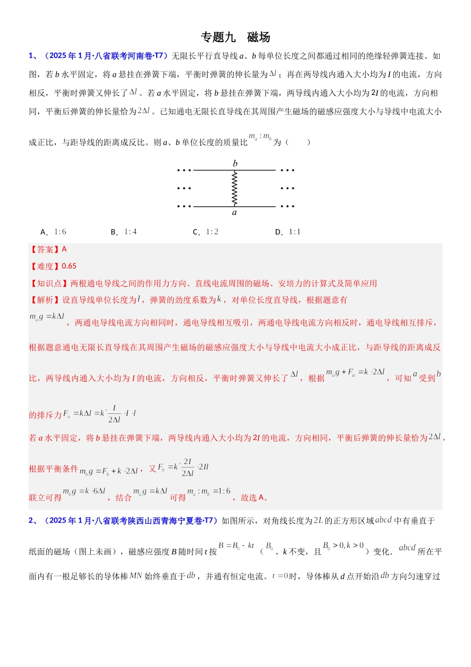 2026版三维设计一轮高中总复习物理通用版题库-专题九  磁场.doc_第1页