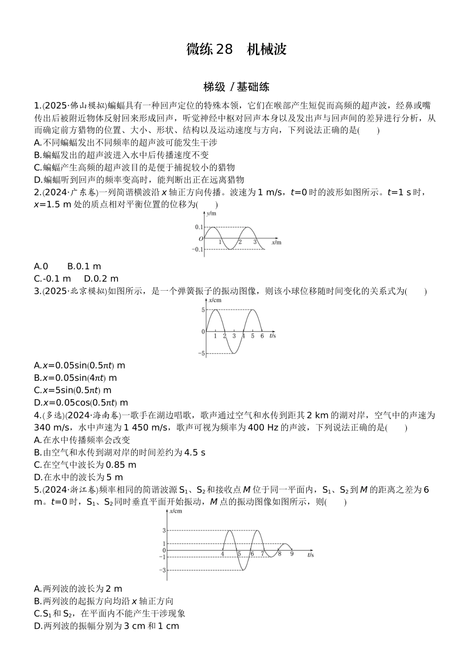 2026版赢在微点顶层设计大一轮物理学生练-微练28　机械波.docx_第1页