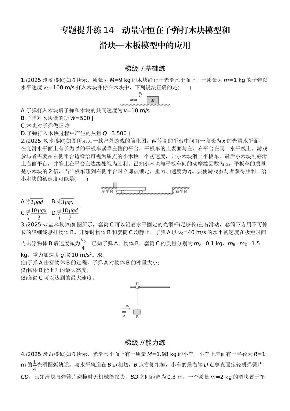 2026版赢在微点顶层设计大一轮物理学生练-专题提升练14　动量守恒在子弹打木块模型和滑块—木板模型中的应用.docx_第1页