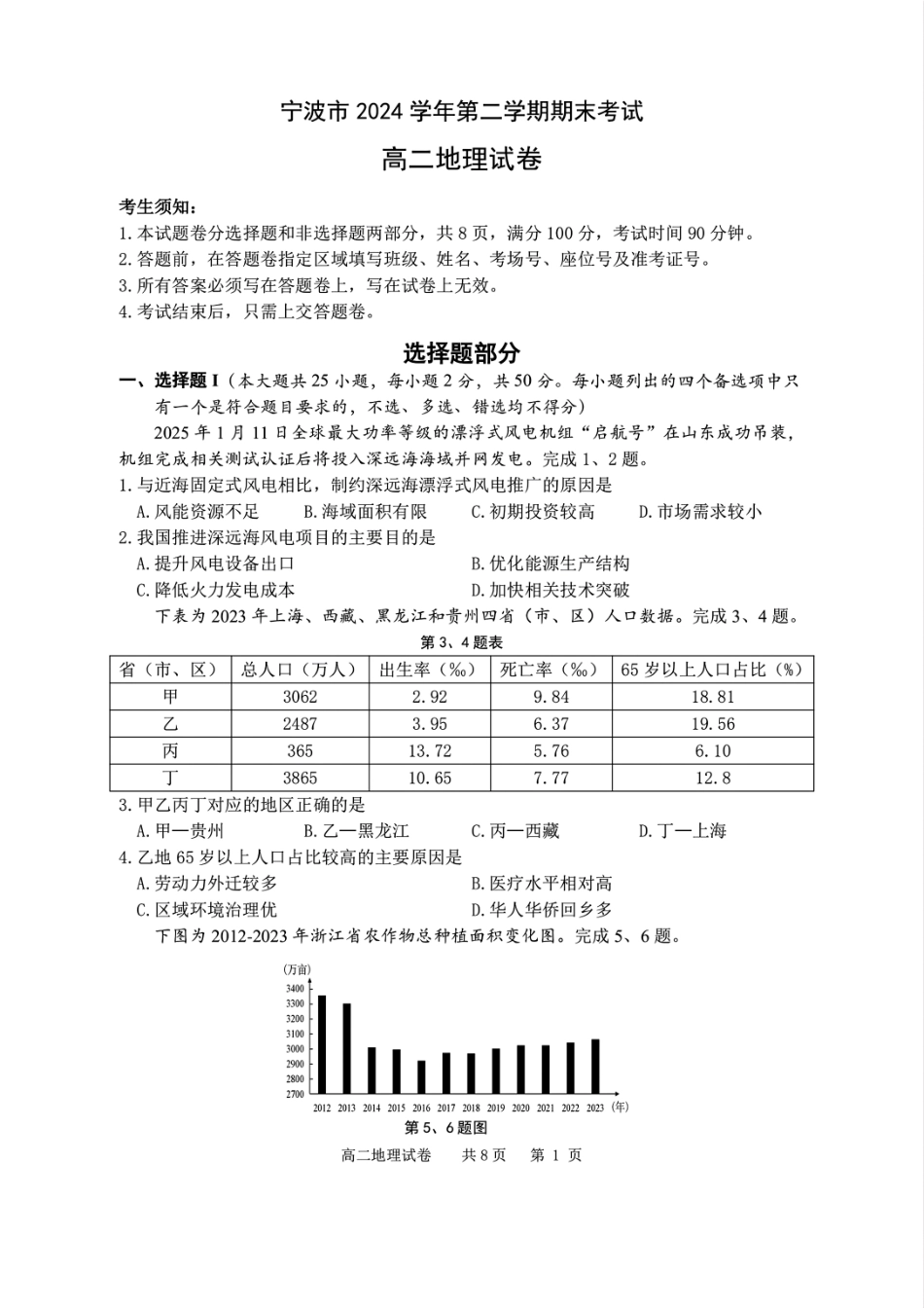 地理试题卷｜2506宁波高二下期末考【浙江卷】【高二下期末考】浙江省宁波市2024学年第二学期高二年级6月期末考试（6.25-6.27）.pdf_第1页