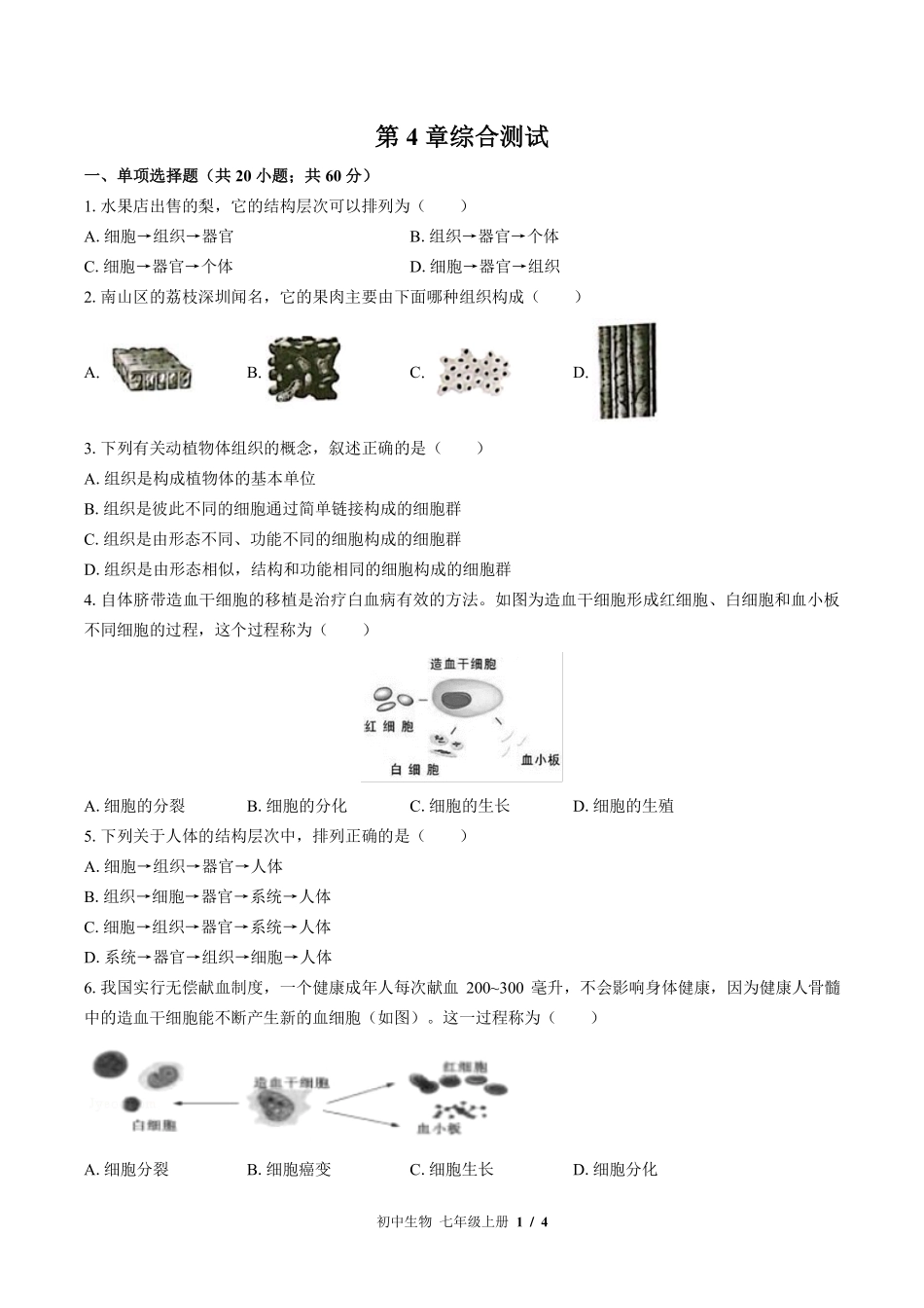（北师大版）初中生物七年级上册 第4章综合测试及答案01.pdf_第1页