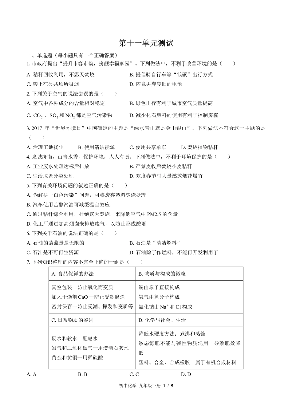 （鲁教版）初中化学九年级下册 第十一单元测试及答案03.pdf_第1页