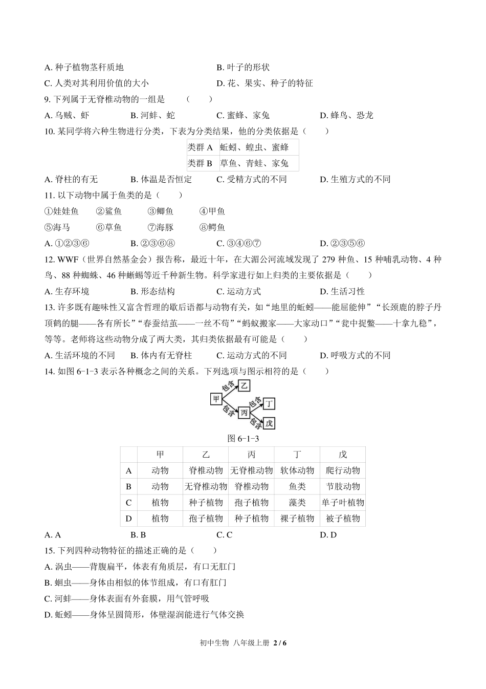（人教版）初中生物八年级上册 第六单元第一章综合测试及答案02.pdf_第2页