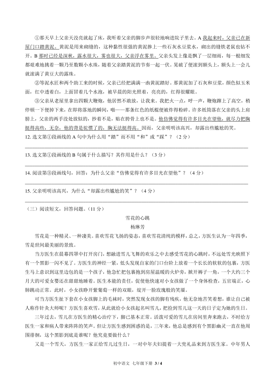 （人教版部编版）初中语文七年级下册 第三单元测试及答案03.pdf_第3页