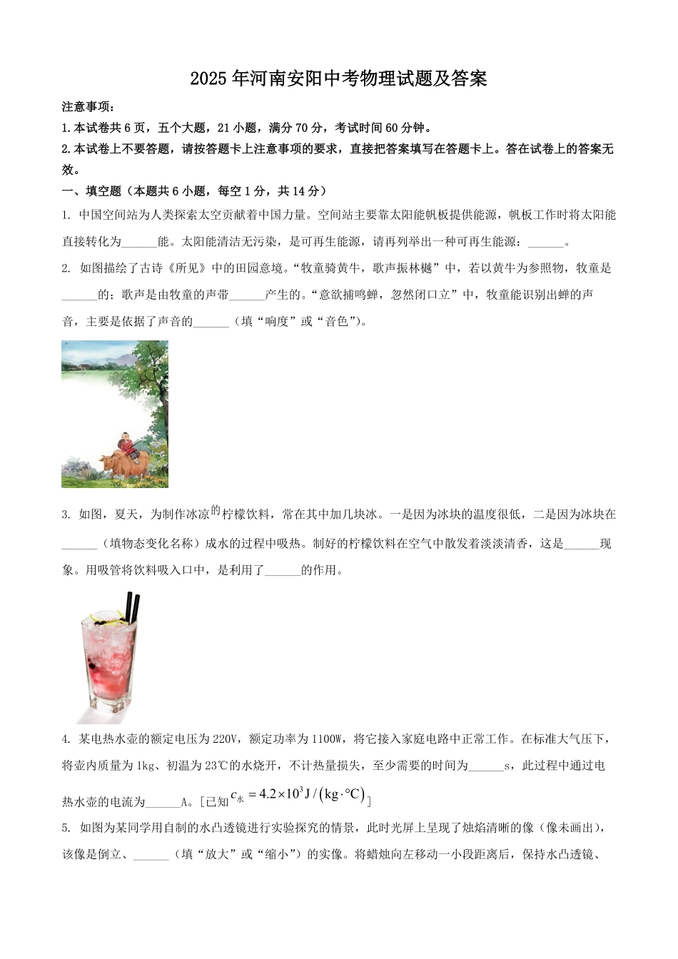 2025年河南安阳中考物理试题及答案.pdf_第1页