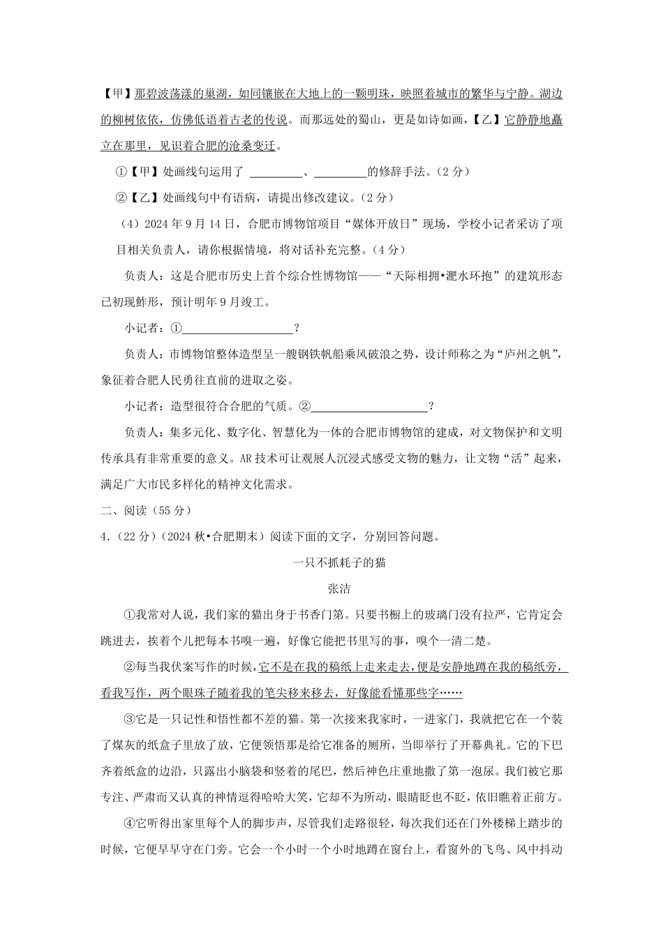 2024-2025学年安徽合肥高新区七年级上册语文期末试卷及答案.pdf_第3页