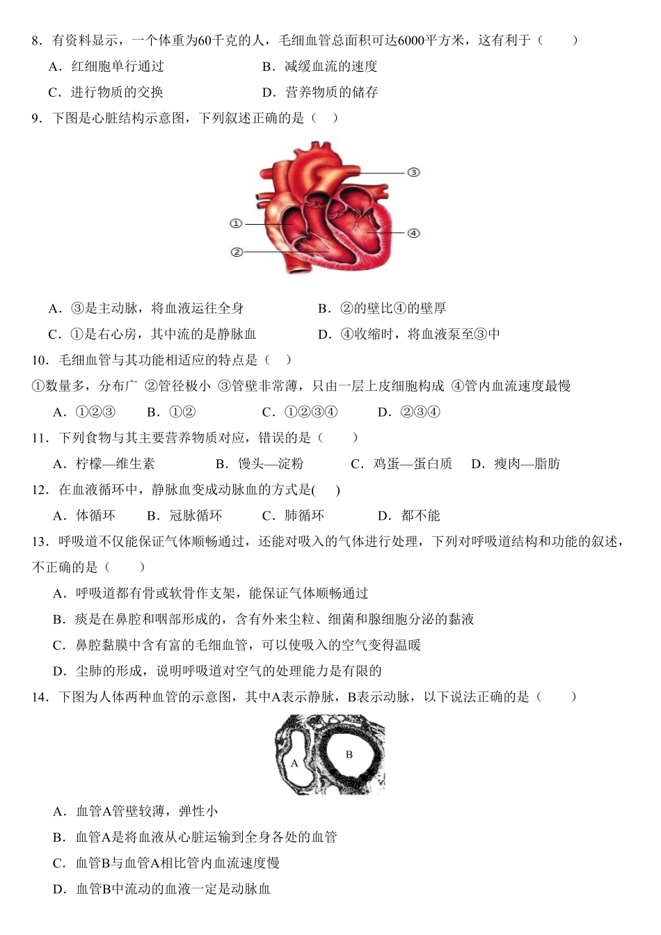 2024-2025学年七年级生物下学期期中测试卷加答案.pdf_第2页
