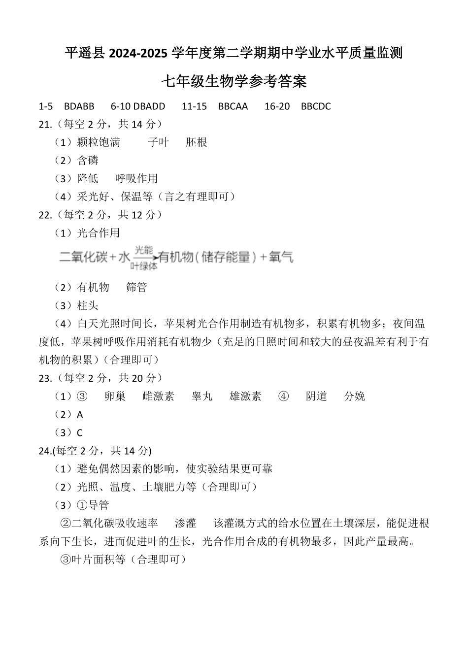 2024-2025学年七年级下册期中生物答案.pdf_第1页