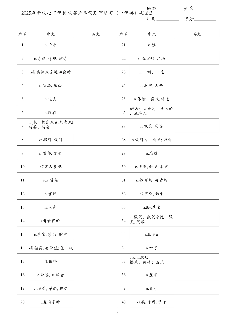 2025春新版七年级下册译林版英语单词默写练习（中译英）-Unit3.pdf_第1页