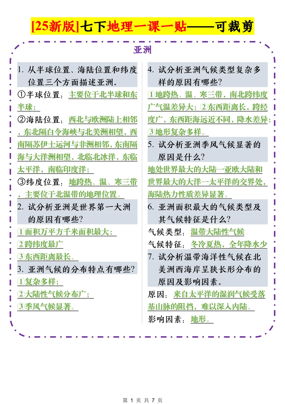2025新版七年级下册地理课课贴.pdf_第1页