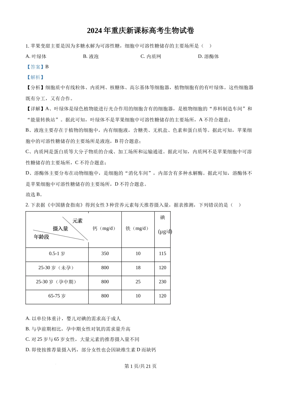 2024年高考生物试卷（重庆）（解析卷）(1).docx_第1页