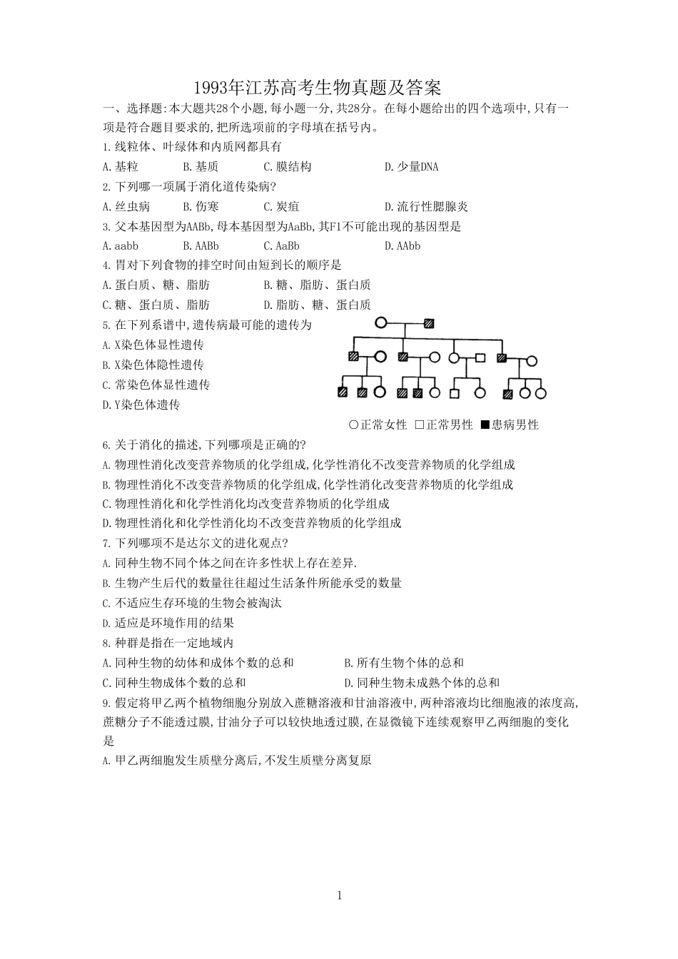 1993年江苏高考生物真题及答案(1).doc_第1页