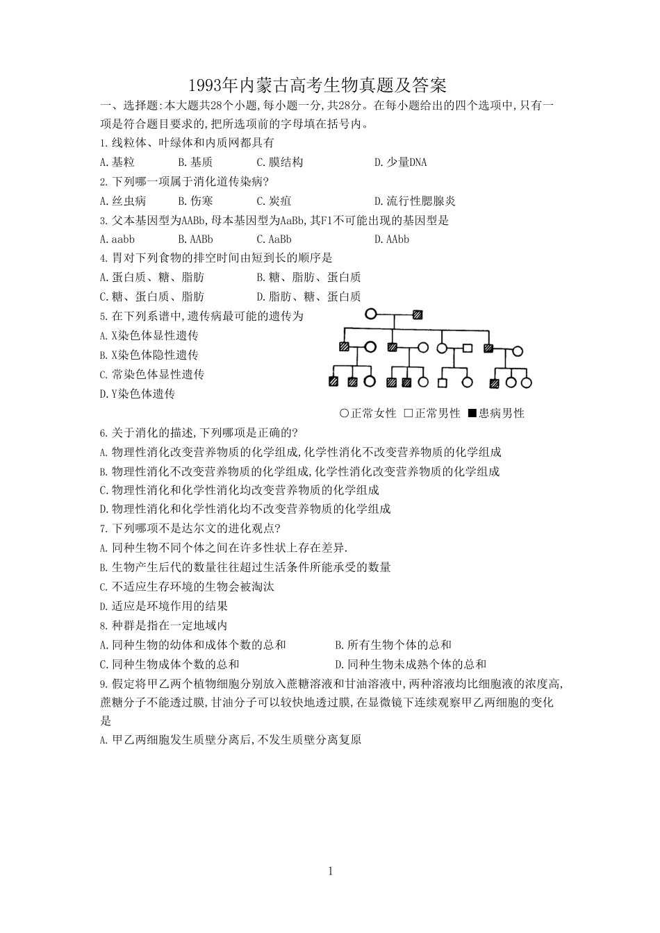 1993年内蒙古高考生物真题及答案(1).doc_第1页