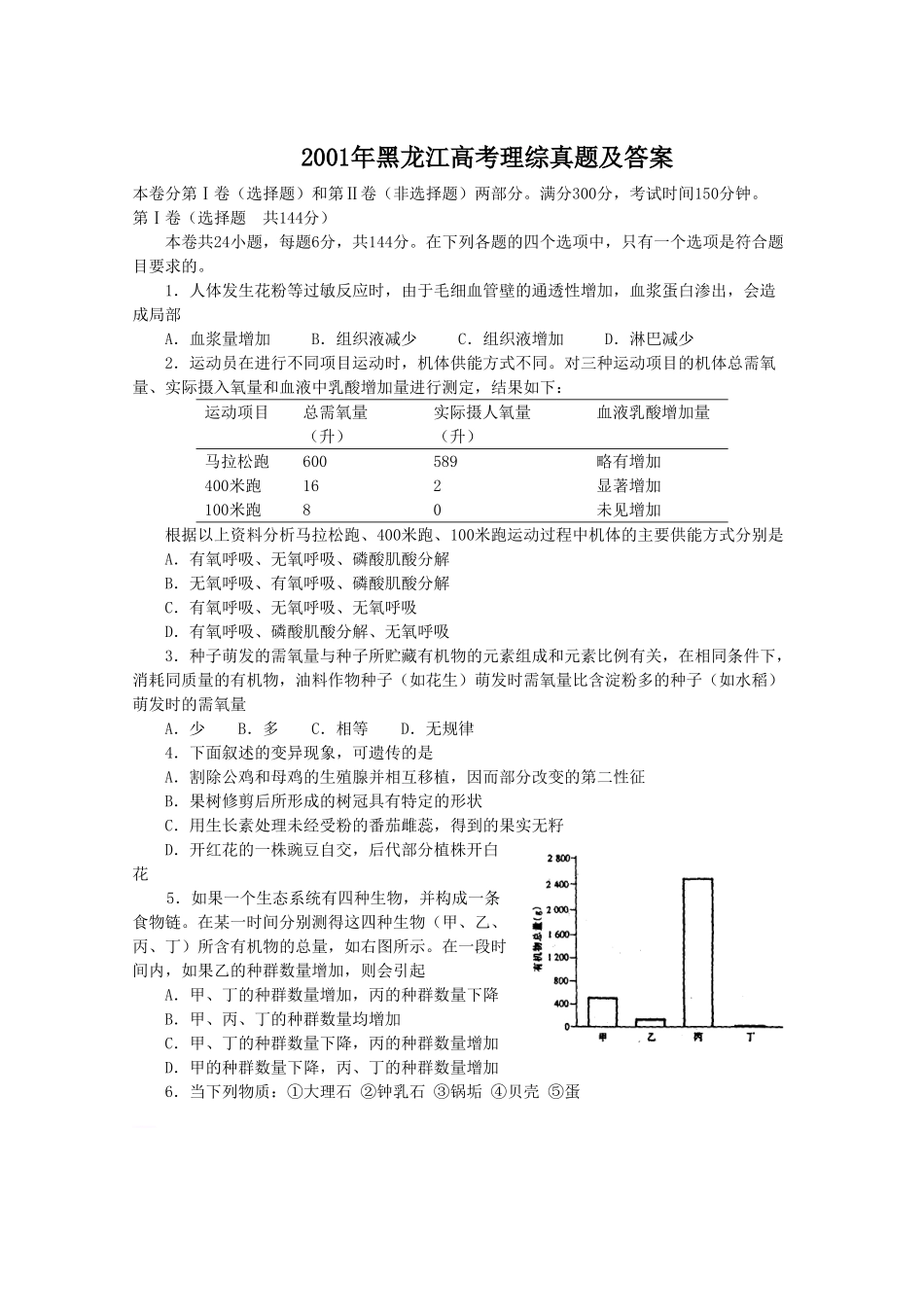 2001年黑龙江高考理综真题及答案(1).doc_第1页