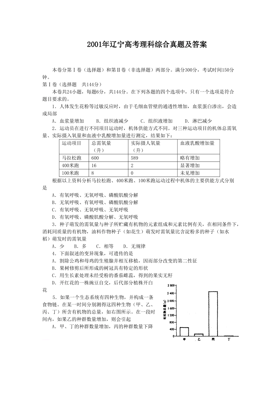 2001年辽宁高考理科综合真题及答案(1).doc_第1页