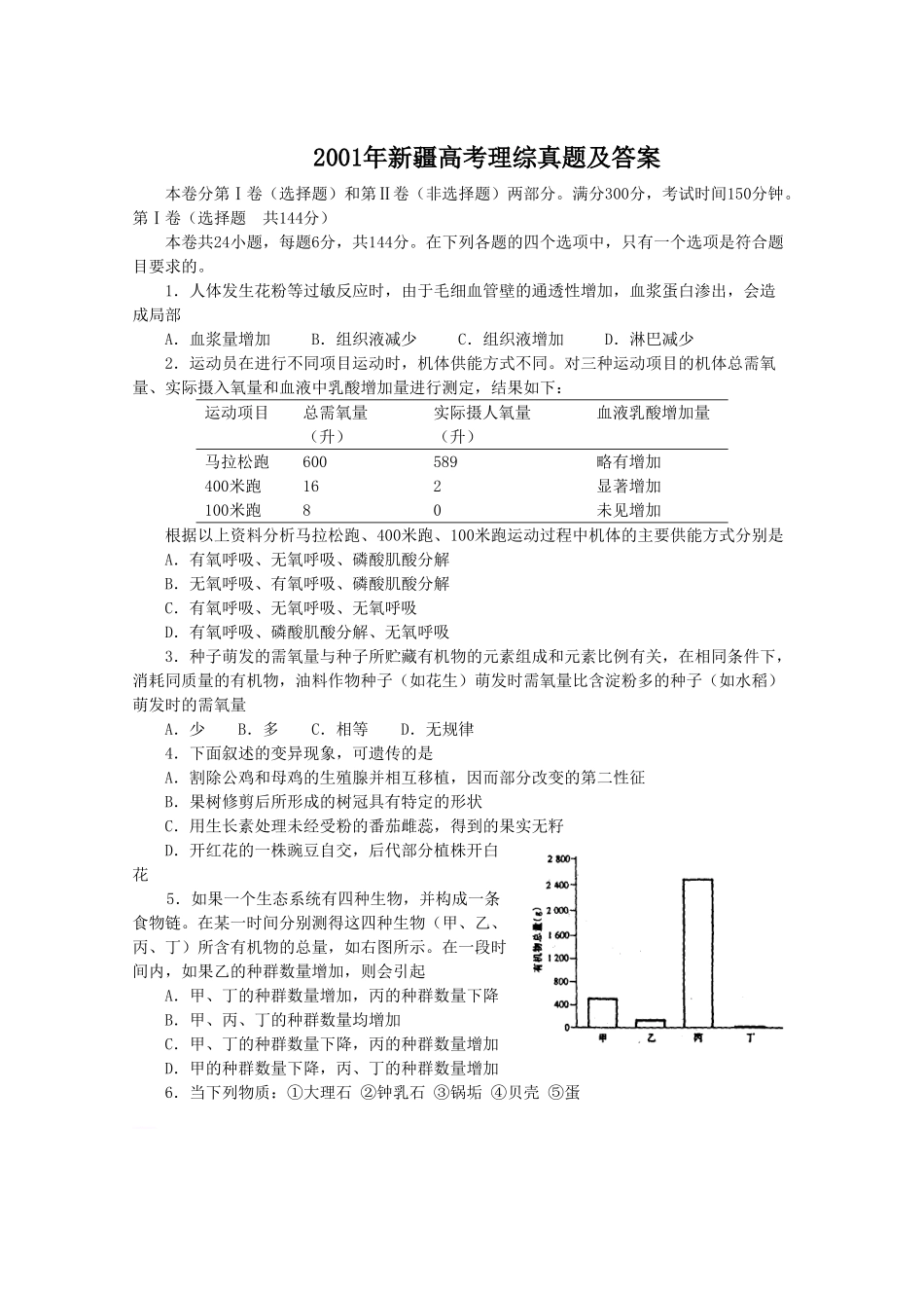 2001年新疆高考理综真题及答案(1).doc_第1页