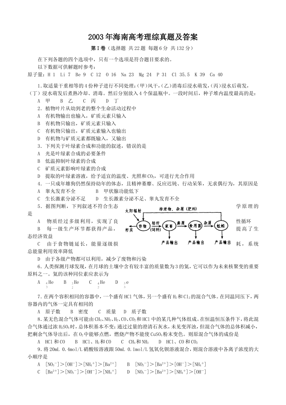 2003年海南高考理综真题及答案(1).doc_第1页
