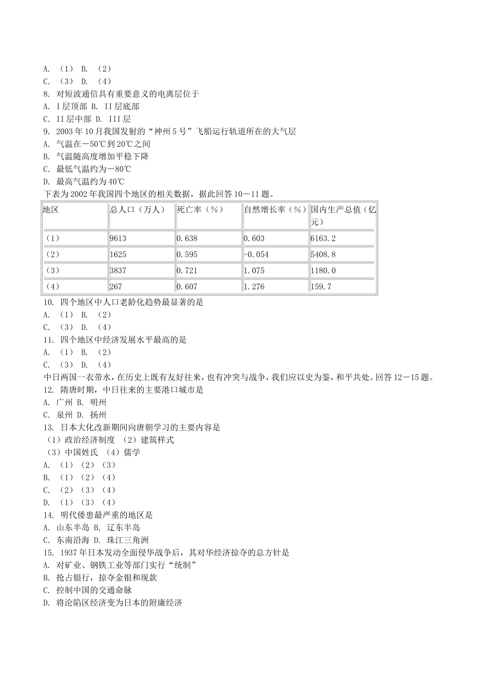 2004年内蒙古高考文科综合真题及答案(1).doc_第3页