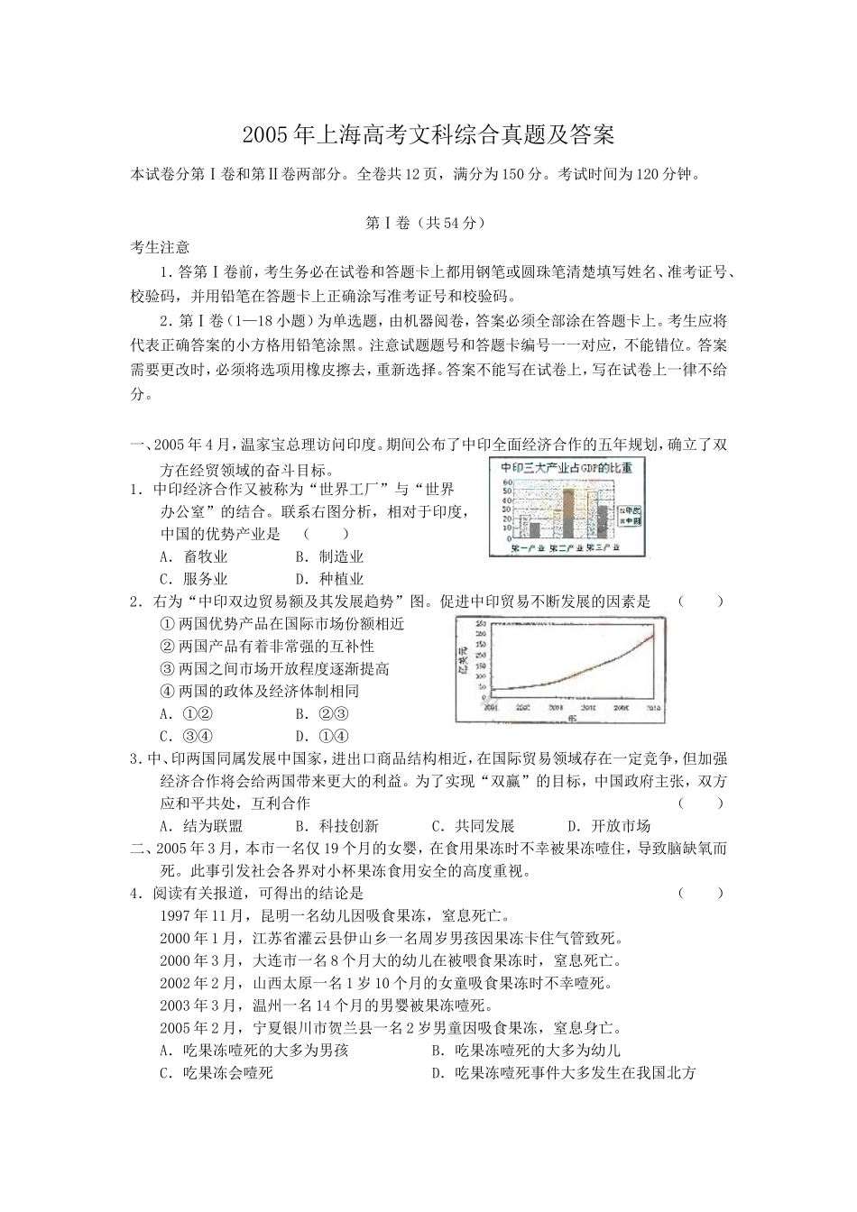2005年上海高考文科综合真题及答案(1).doc_第1页