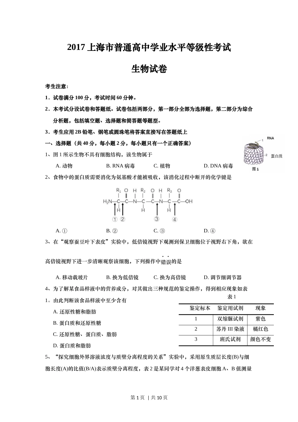 2017年高考生物试卷（上海）（空白卷）(1).docx_第1页
