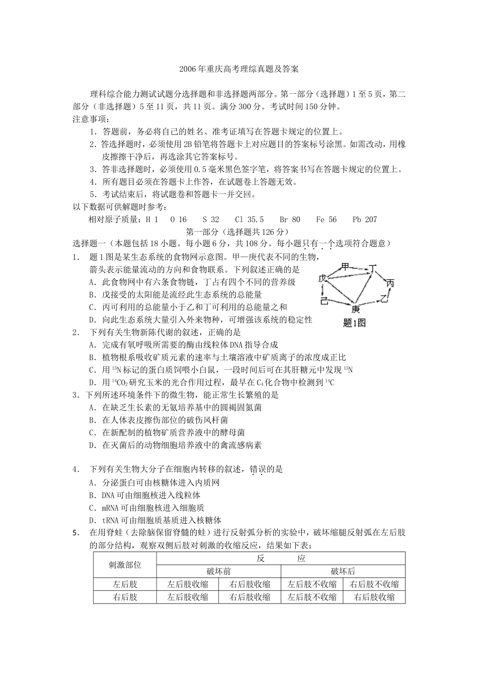 2006年重庆高考理综真题及答案(1).doc_第1页