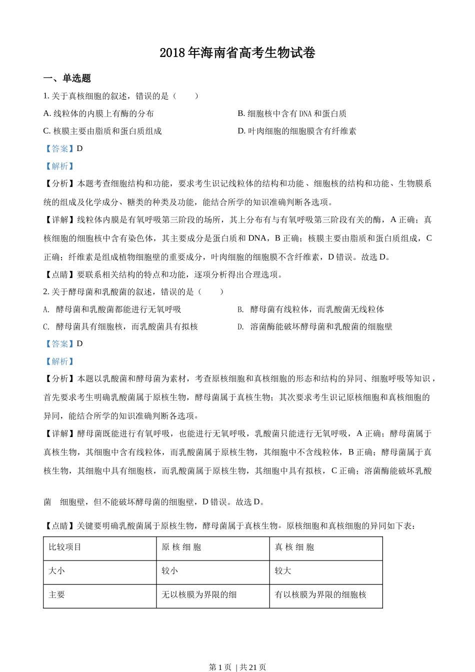 2018年高考生物试卷（海南）（解析卷）(1).docx_第1页