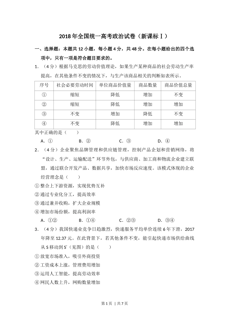 2018年高考政治试卷（新课标Ⅰ）（空白卷）(1).docx_第1页