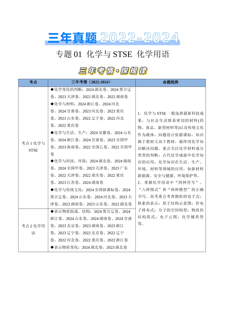专题01 化学与STSE 化学用语-三年（2022-2024）高考化学真题分类汇编（全国通用）（教师卷）.docx_第1页