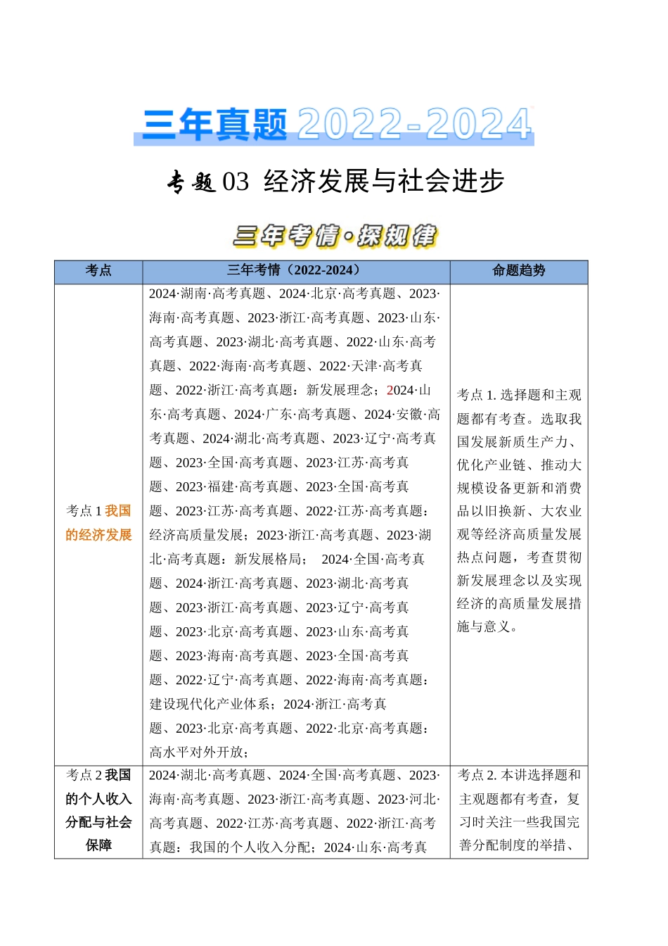 专题03 经济发展与社会进步-三年（2022-2024）高考政治真题分类汇编（教师卷）.docx_第1页