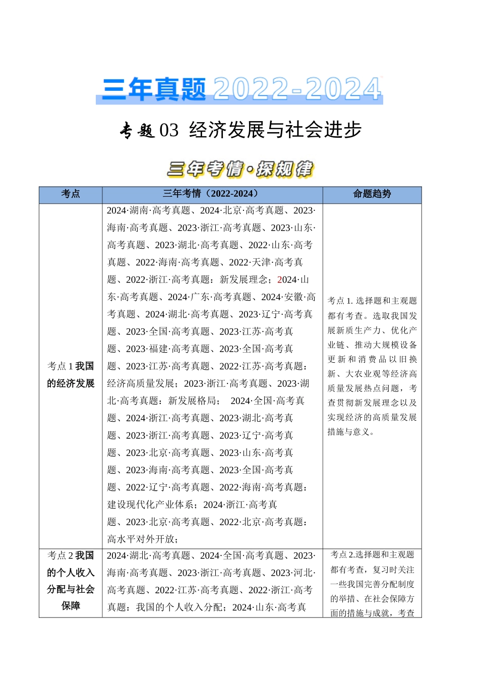 专题03 经济发展与社会进步-三年（2022-2024）高考政治真题分类汇编（学生卷）.docx_第1页
