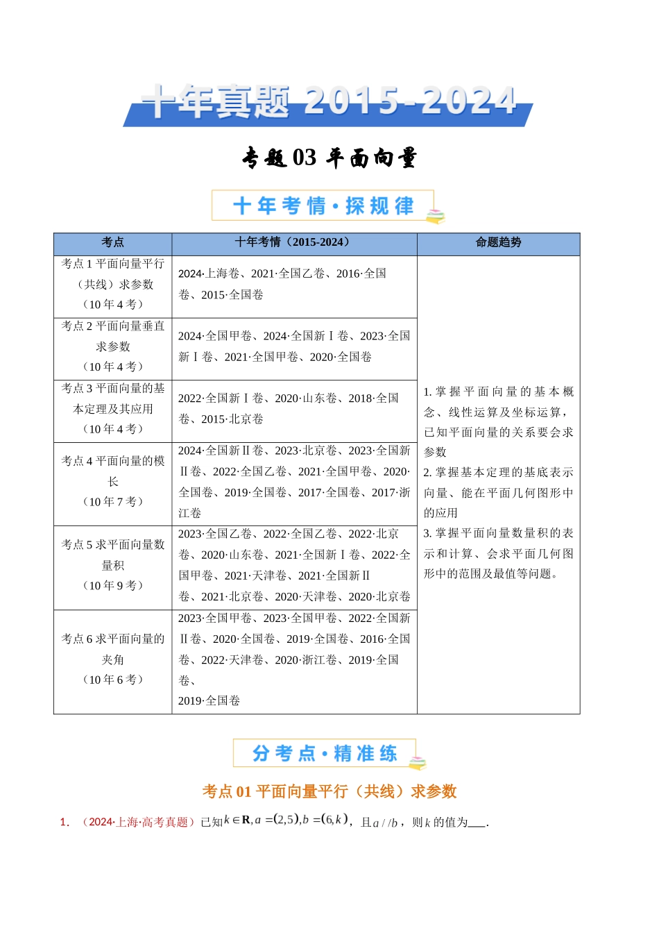 专题03 平面向量（教师卷）- 十年（2015-2024）高考真题数学分项汇编（全国通用）.docx_第1页