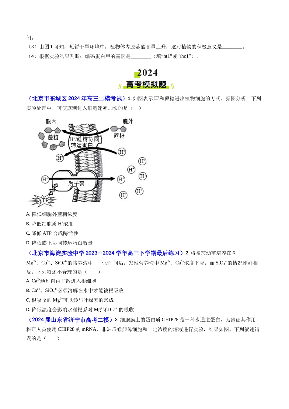 专题03 物质的跨膜运输-2024年高考真题和模拟题生物分类汇编(学生卷）.docx_第3页