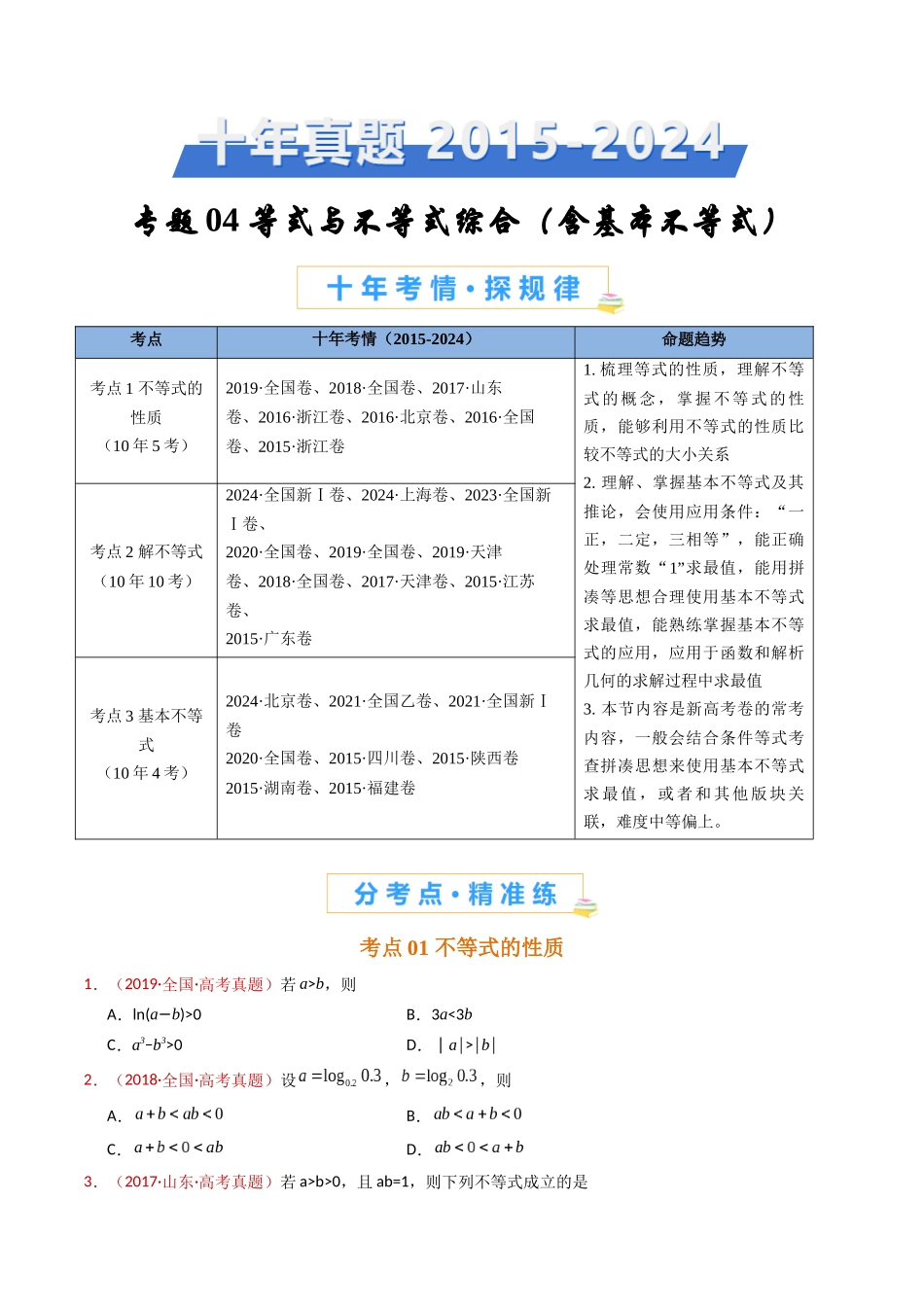 专题04 等式与不等式综合（含基本不等式）（学生卷）- 十年（2015-2024）高考真题数学分项汇编（全国通用）.docx_第1页