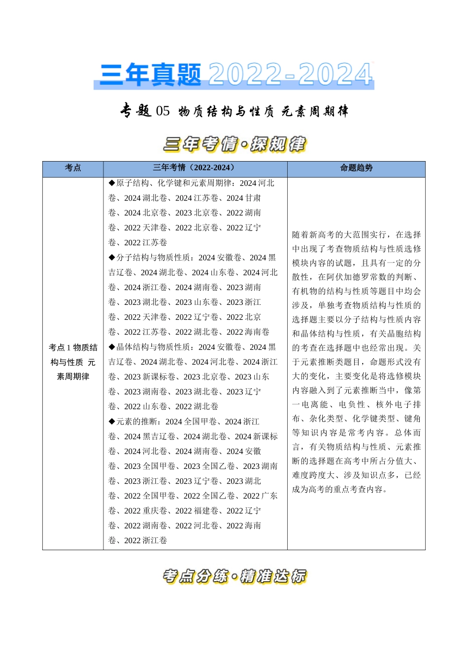 专题05 物质结构与性质 元素周期律-三年（2022-2024）高考化学真题分类汇编（全国通用）（学生卷）.docx_第1页